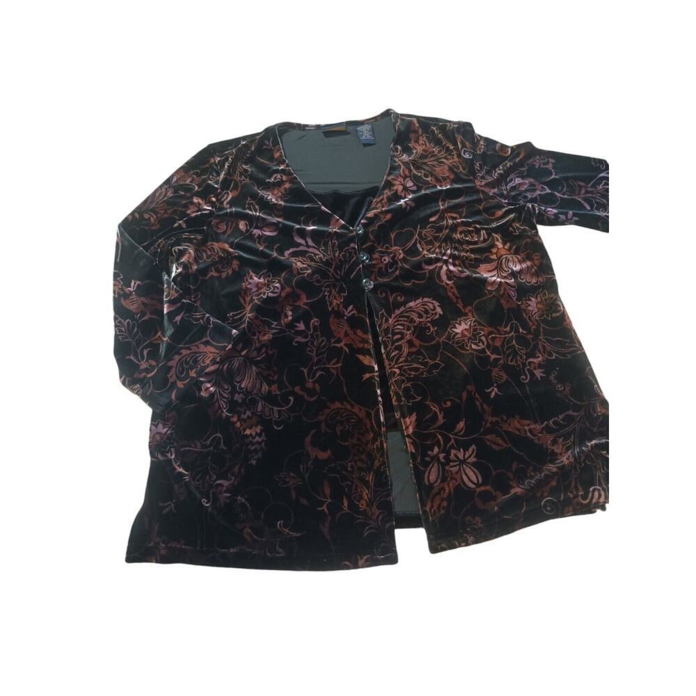 Womens Black Velvet Cardigan Tank Duet Top Laura Scott Floral Size L 14-16
